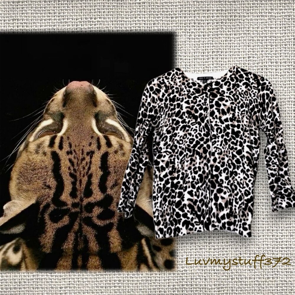 Cute! Cable & Gauge Animal Print Sweater in Black White & Tan